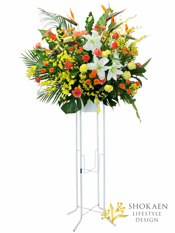 EC03059-2花キューピット依頼スタンド花イエローオレンジ系1段