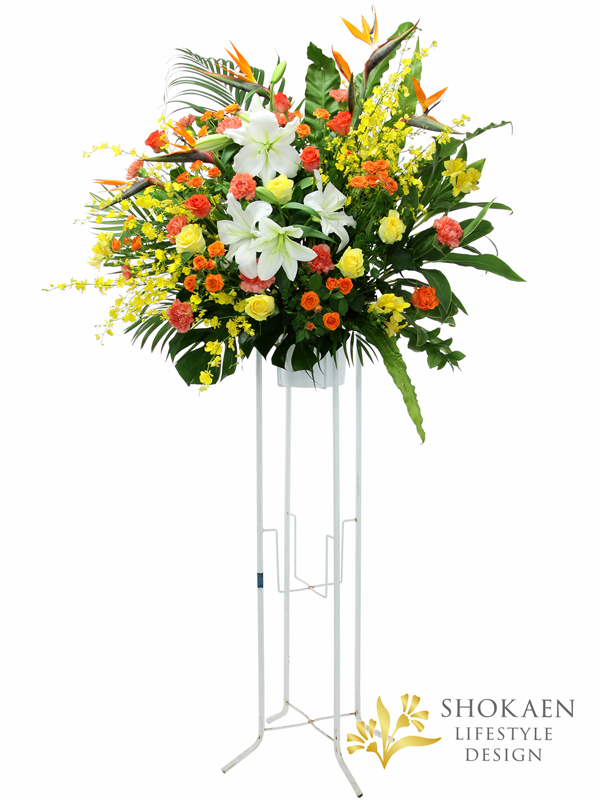 EC03059-3花キューピット依頼スタンド花イエローオレンジ系1段