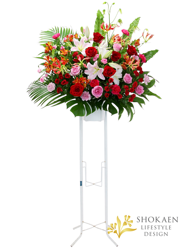 花キューピット依頼スタンド花ピンクレッド系1段