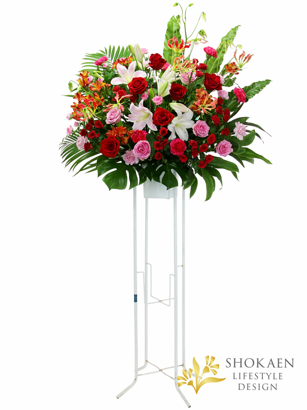 EC03060-2花キューピット依頼スタンド花ピンクレッド系1段