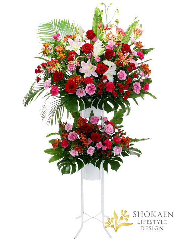 EC03058-1【花キューピット依頼スタンド花0005】ピンク・レッド系２段