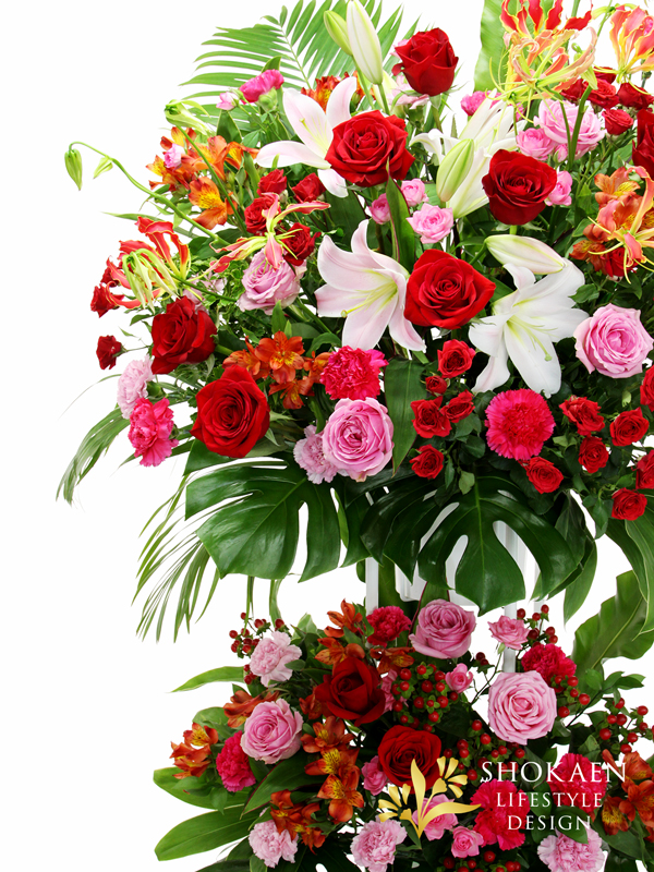 EC03058-4【花キューピット依頼スタンド花0005】ピンク・レッド系２段