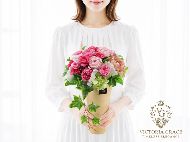 プリザ ピンクバラ 御祝・正花園の濃淡ピンクバラを贅沢に使った華やかで上品なプリザーブドフラワーアレンジメント「Kermes」