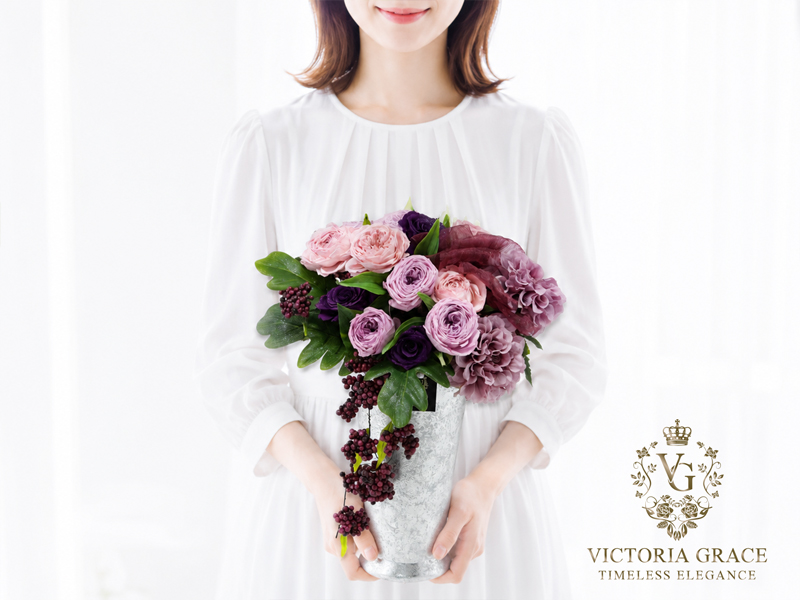 プリザ 紫バラ 御祝・正花園のピンク・モーブ・パープルのバラを贅沢に使った洗練されたプリザーブドフラワーアレンジメント「Prune」
